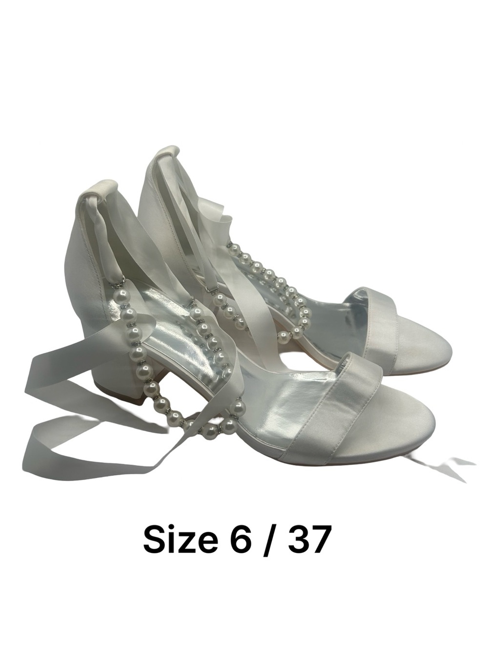 Women's White Pearl-Embellished Satin Heels size 6